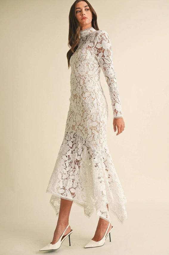 Women's Formal Dress with Floral Lace & Ruffle Hem | Elegant Wedding Guest Dress in White