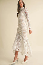 Women's Formal Dress with Floral Lace & Ruffle Hem | Elegant Wedding Guest Dress in White