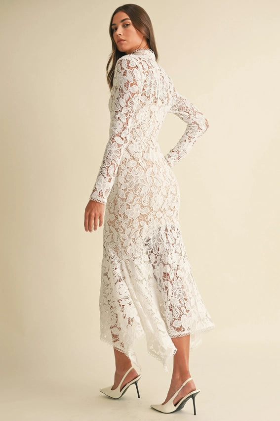 Women's Formal Dress with Floral Lace & Ruffle Hem | Elegant Wedding Guest Dress in White