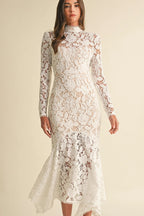 Women's Formal Dress with Floral Lace & Ruffle Hem | Elegant Wedding Guest Dress in White