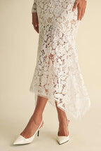 Women's Formal Dress with Floral Lace & Ruffle Hem | Elegant Wedding Guest Dress in White