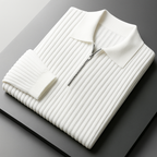 Mens quarter zip ribbed knit sweater front view, lightweight cotton pullover