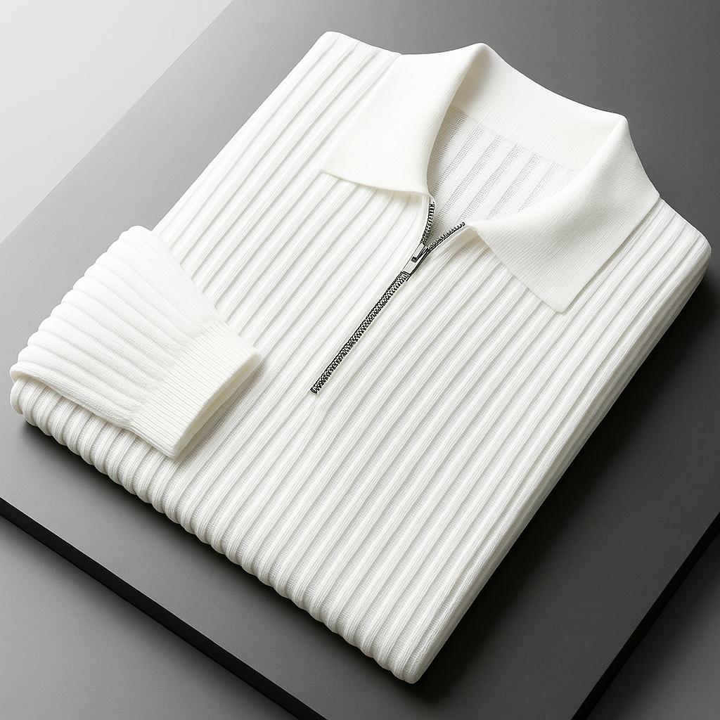 Mens quarter zip ribbed knit sweater front view, lightweight cotton pullover
