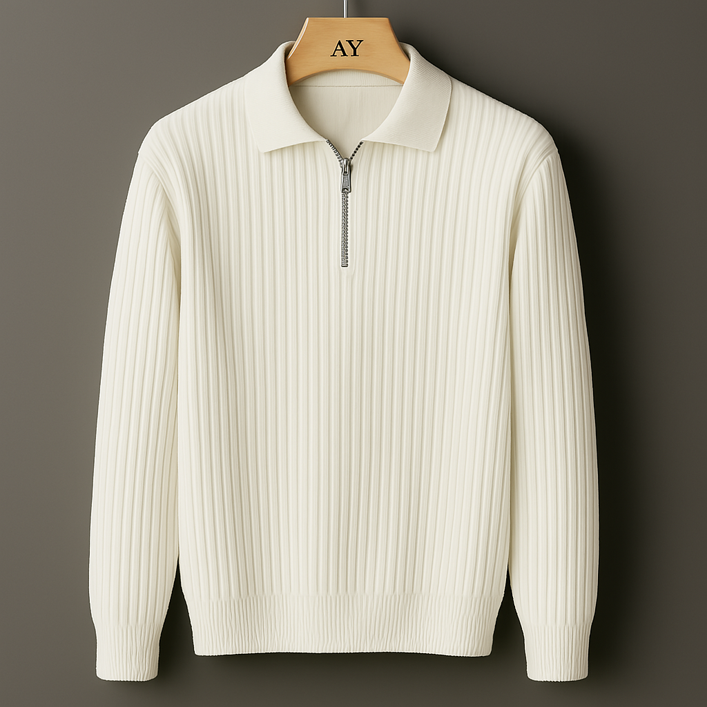 Side view of mens quarter zip sweater showing ribbed knit texture