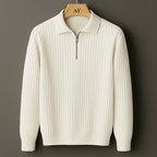 Side view of mens quarter zip sweater showing ribbed knit texture