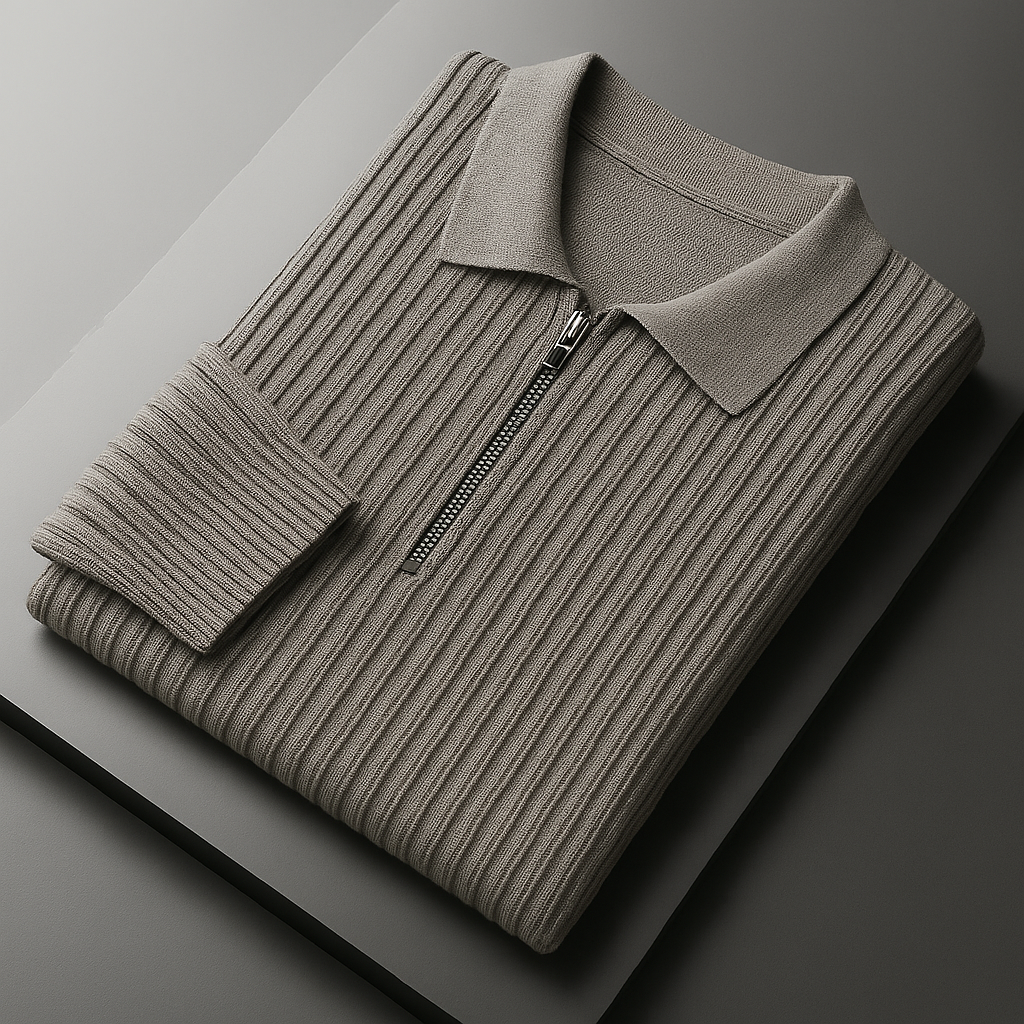 Mens half zip pullover sweater collar and zipper detail