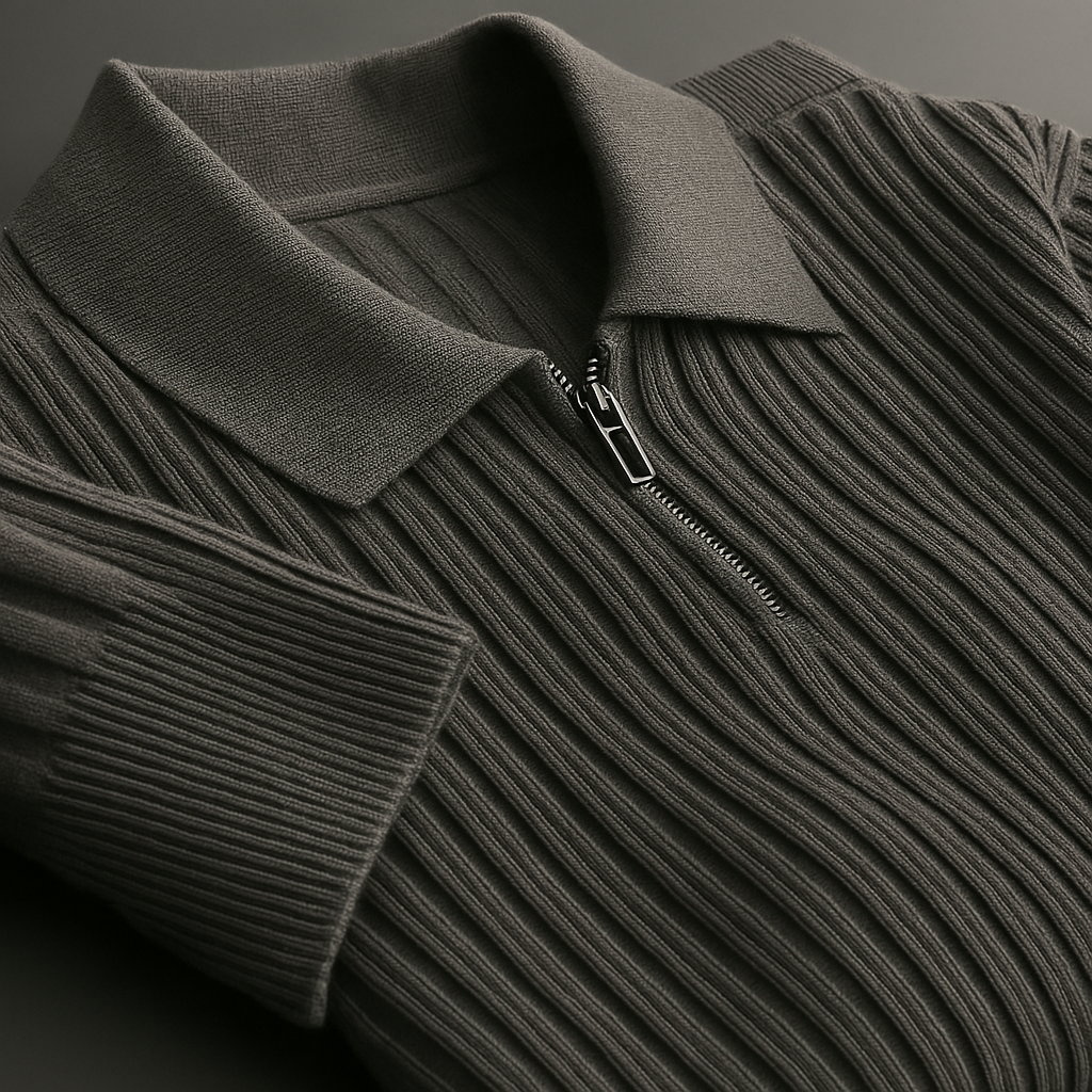 Back view of mens ribbed knit quarter zip sweater