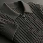 Back view of mens ribbed knit quarter zip sweater