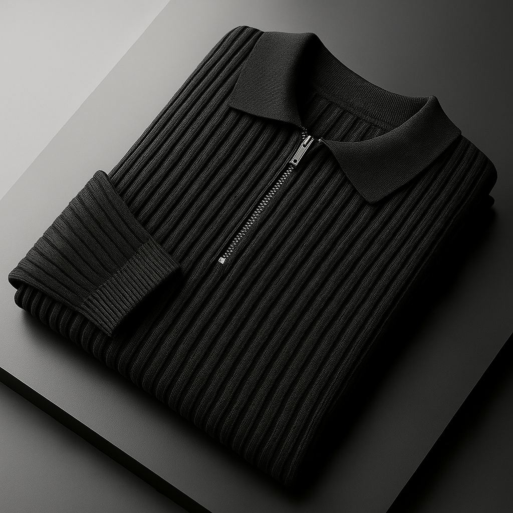 Close up of ribbed knit fabric on mens quarter zip sweater