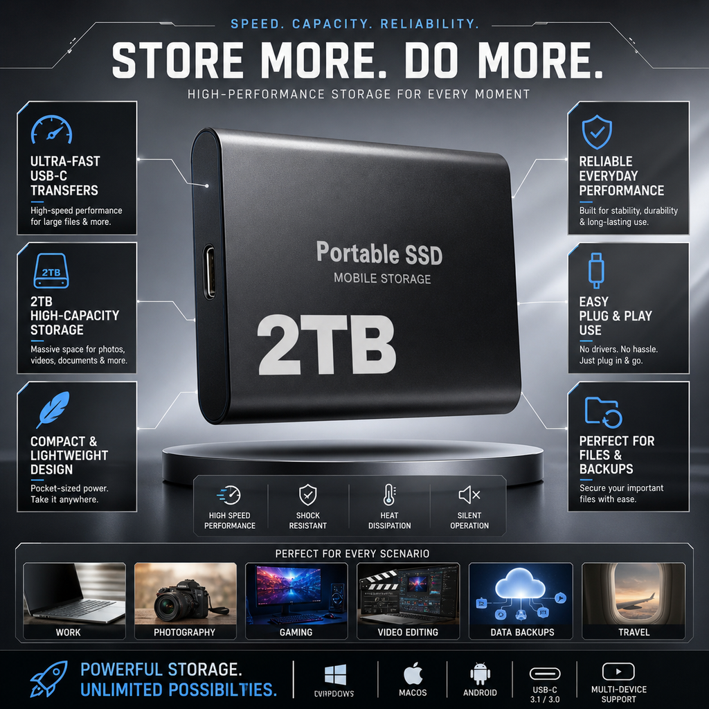 2TB USB-C Portable SSD External Hard Drive