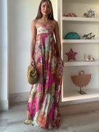 Printed Strapless Backless High Waist Maxi Dress