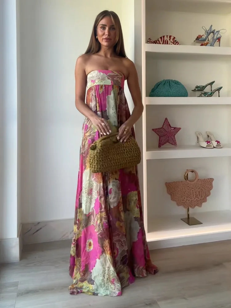 Printed Strapless Backless High Waist Maxi Dress