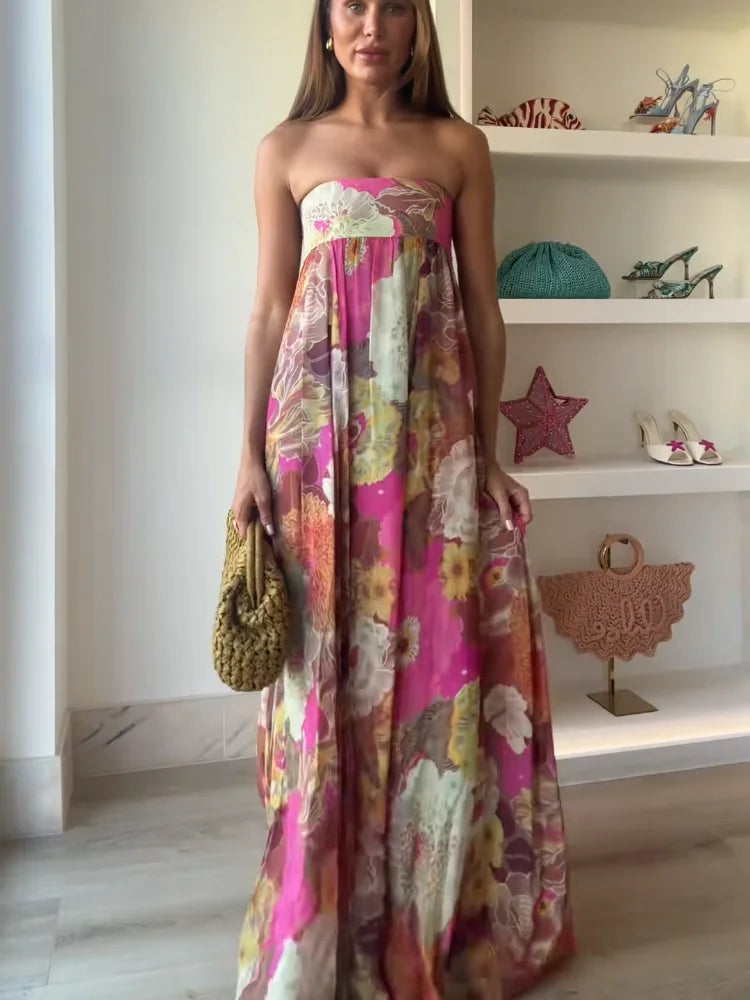 Printed Strapless Backless High Waist Maxi Dress