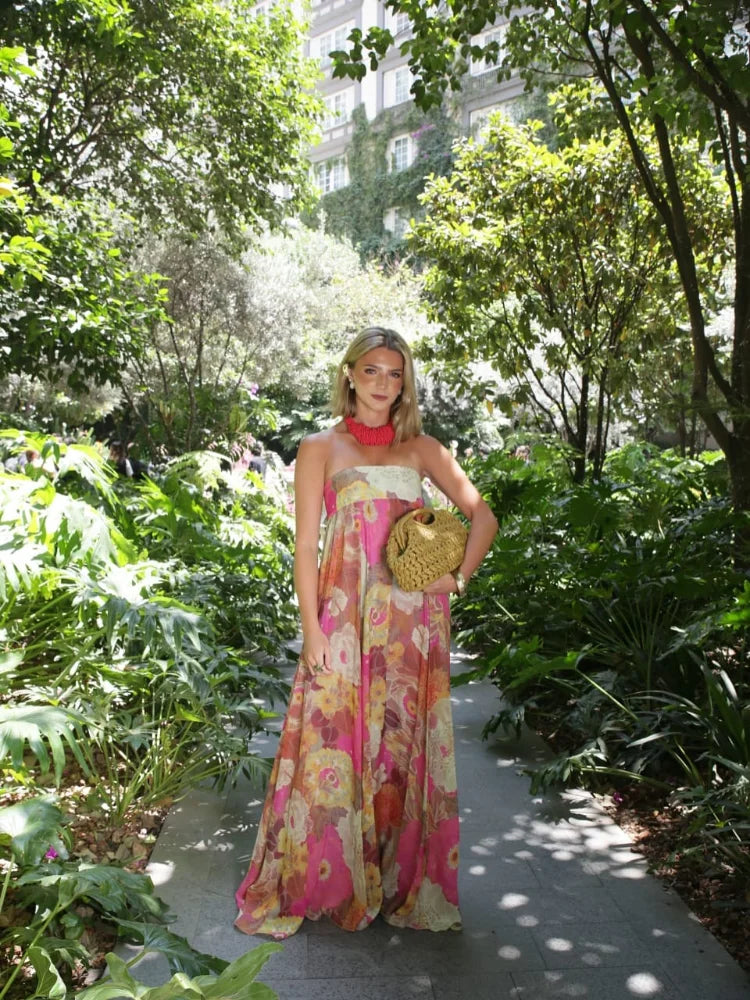 Printed Strapless Backless High Waist Maxi Dress