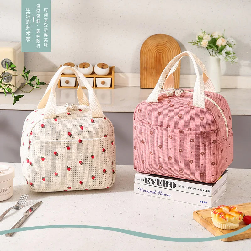 Floral Corduroy Insulated Lunch Bag with Waterproof Design | Stylish Food Storage for Work and School