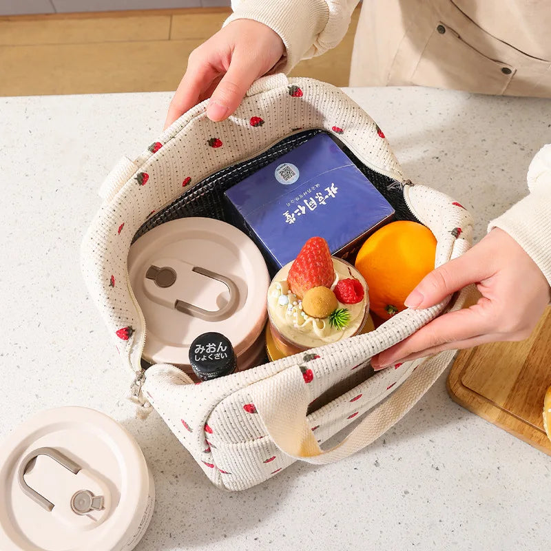 Floral Corduroy Insulated Lunch Bag with Waterproof Design | Stylish Food Storage for Work and School