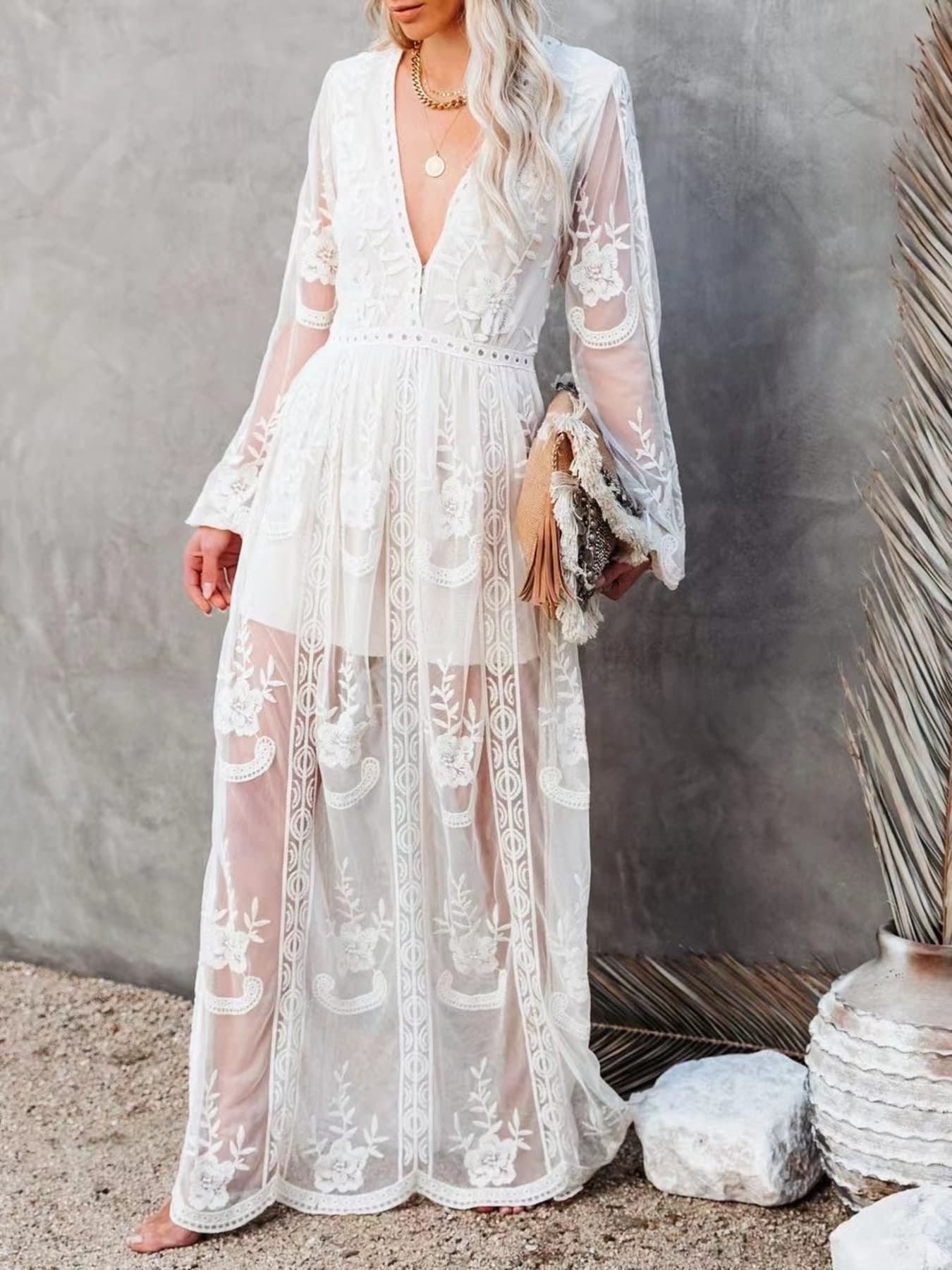 Women’s Lace Maxi Dress with Slit – Elegant Full Length Formal Evening Gown in Polyester