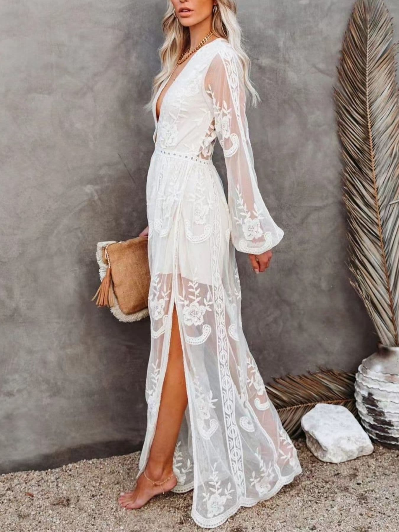 Women’s Lace Maxi Dress with Slit – Elegant Full Length Formal Evening Gown in Polyester