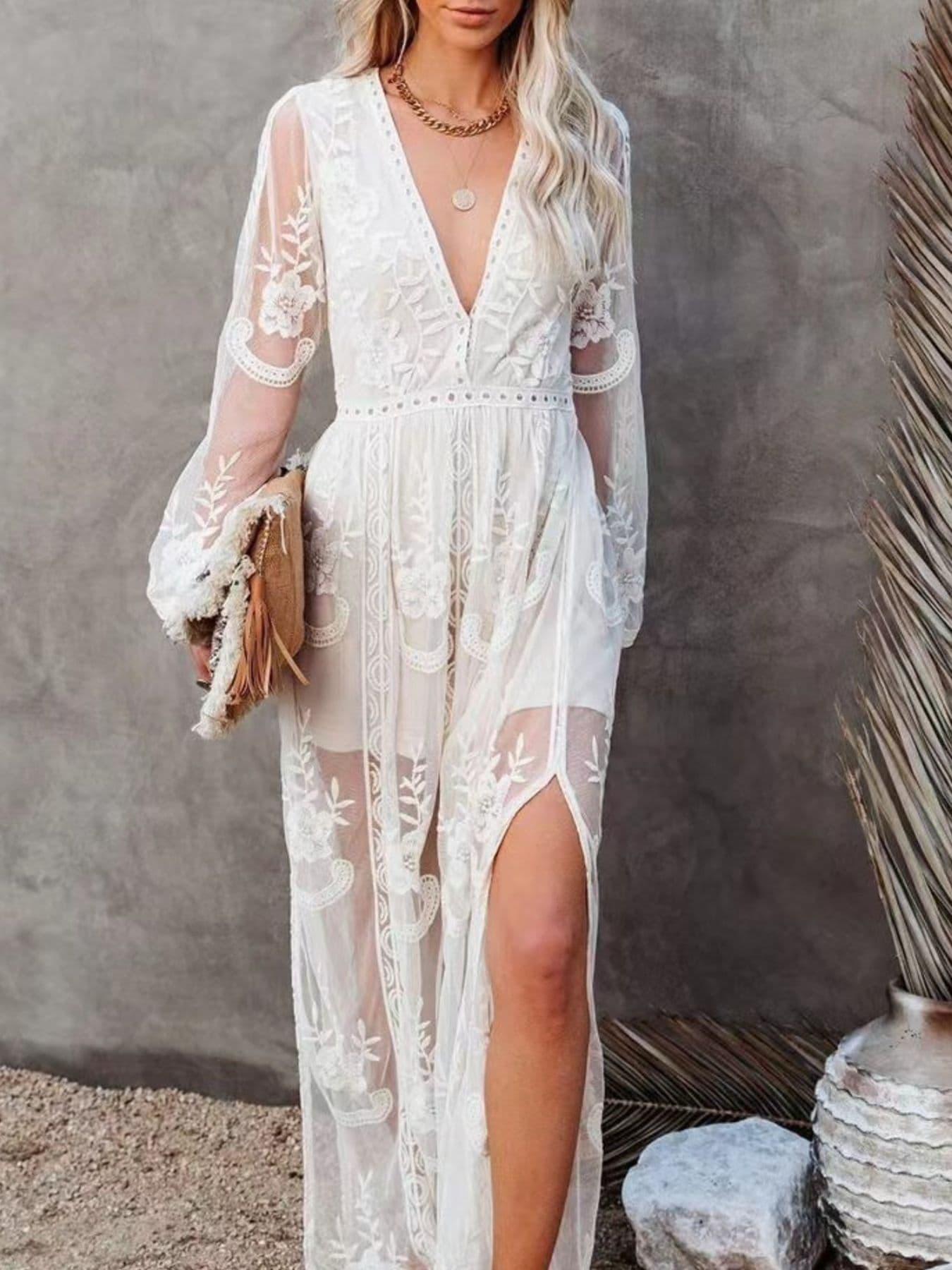 Women’s Lace Maxi Dress with Slit – Elegant Full Length Formal Evening Gown in Polyester