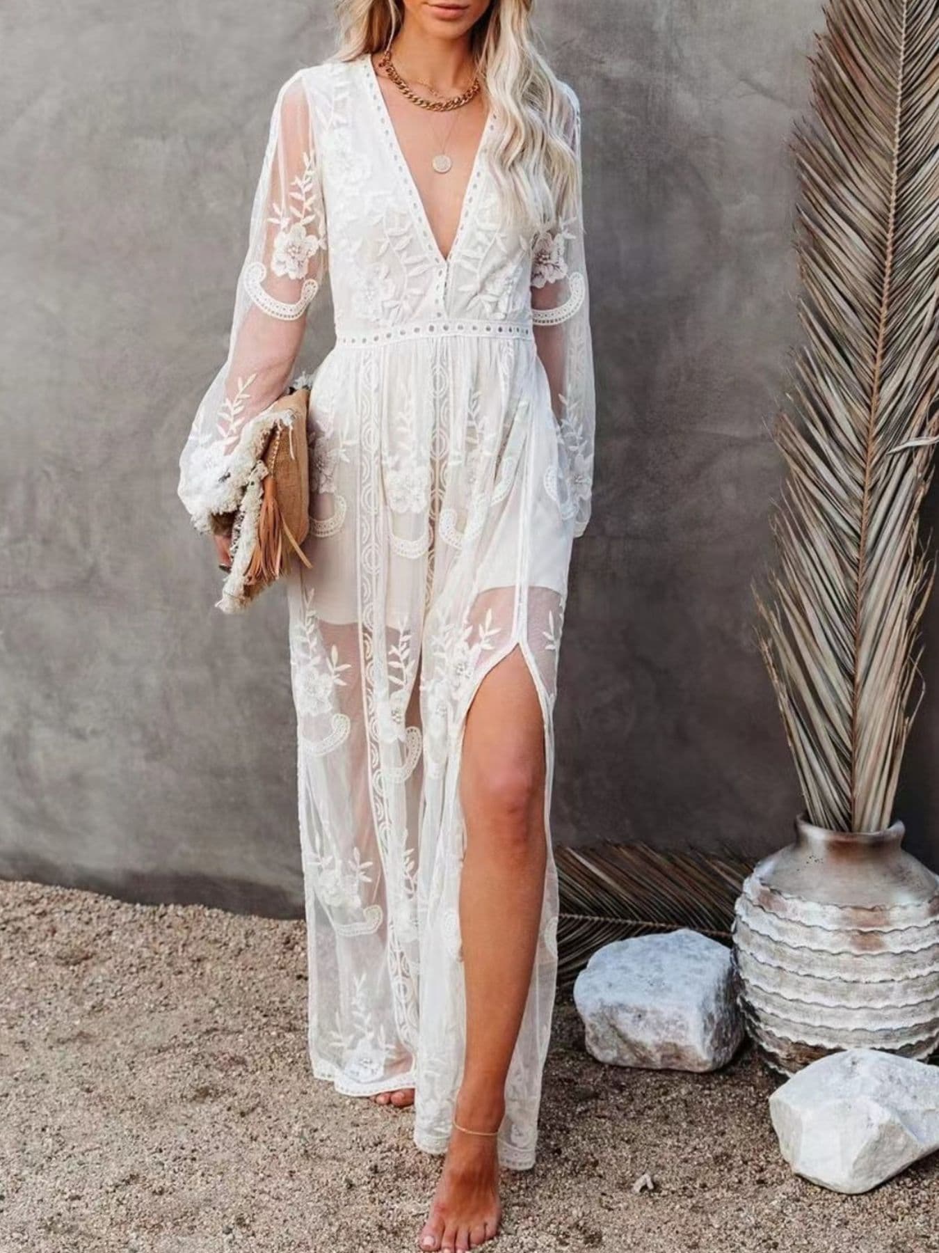 Women’s Lace Maxi Dress with Slit – Elegant Full Length Formal Evening Gown in Polyester