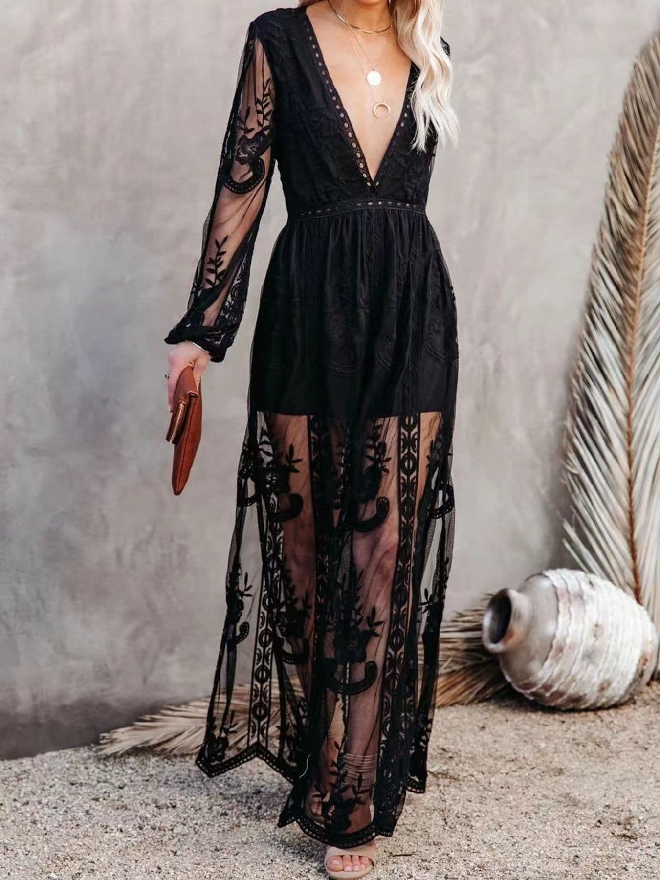 Women’s Lace Maxi Dress with Slit – Elegant Full Length Formal Evening Gown in Polyester