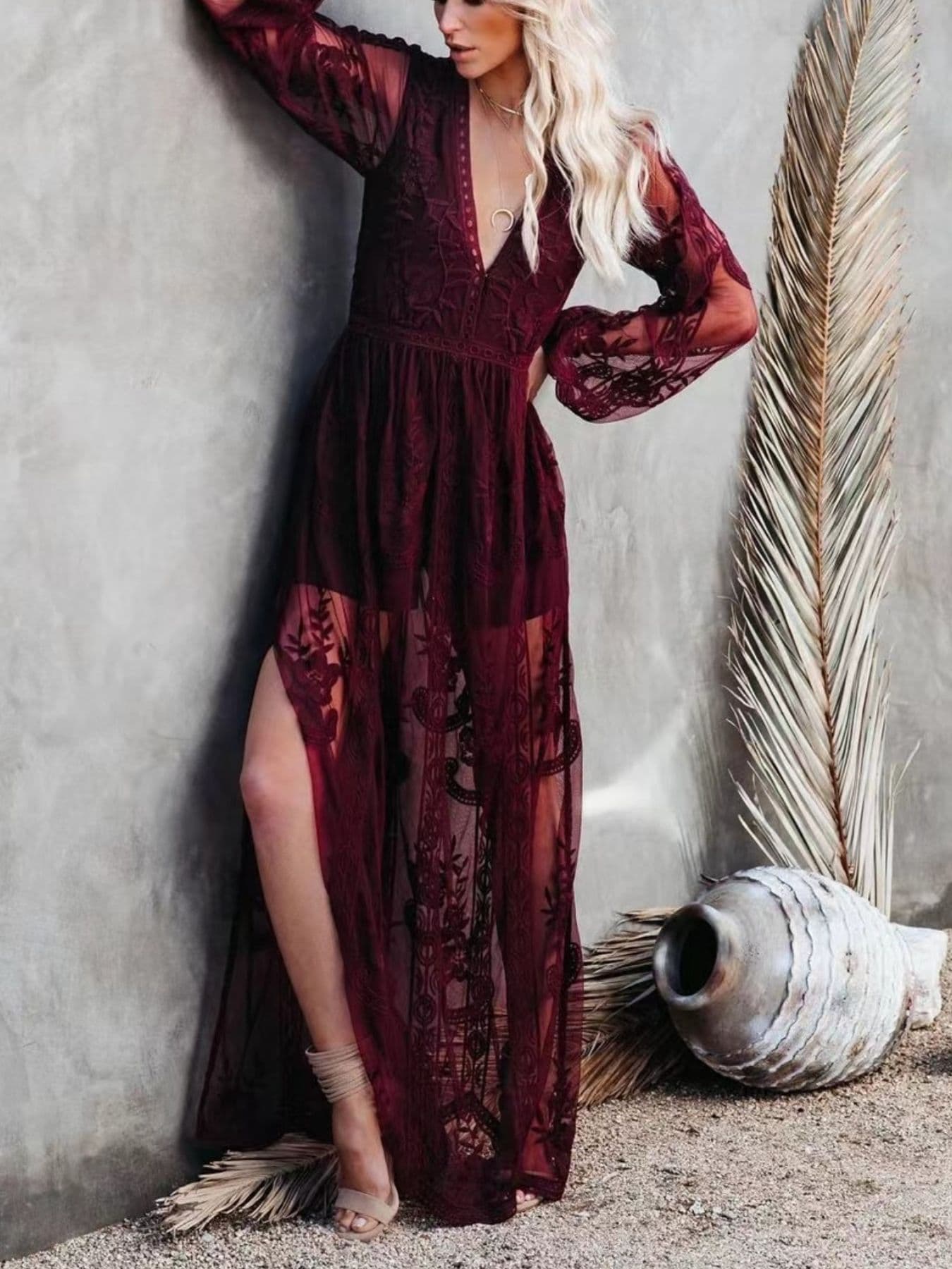 Women’s Lace Maxi Dress with Slit – Elegant Full Length Formal Evening Gown in Polyester
