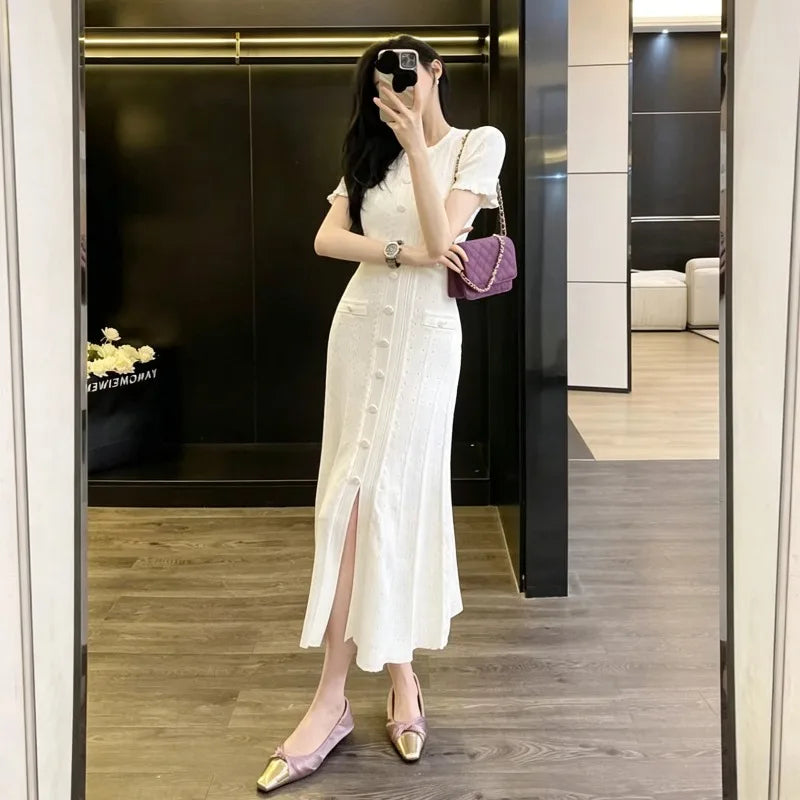French Elegant Knit Hollow Out Button Maxi Dress