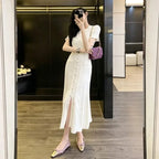 French Elegant Knit Hollow Out Button Maxi Dress