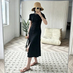 French Elegant Knit Hollow Out Button Maxi Dress