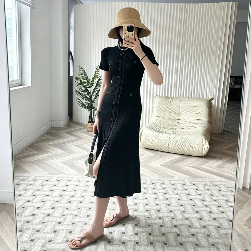 French Elegant Knit Hollow Out Button Maxi Dress