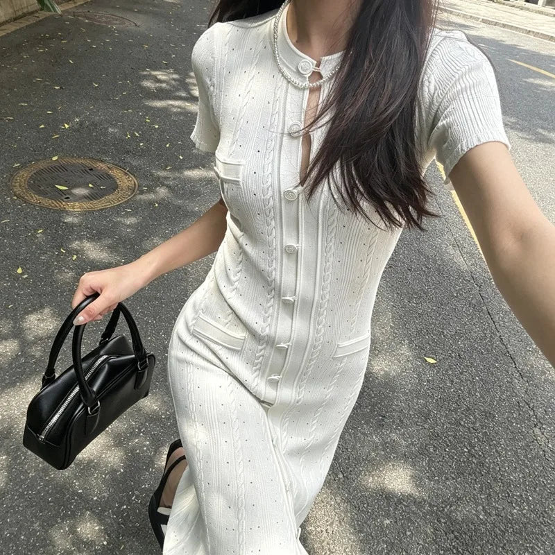 French Elegant Knit Hollow Out Button Maxi Dress