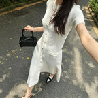 French Elegant Knit Hollow Out Button Maxi Dress