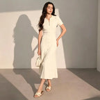 French Elegant Knit Hollow Out Button Maxi Dress