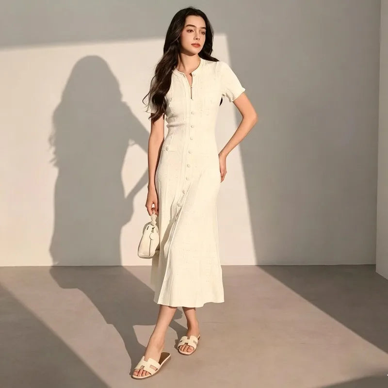 French Elegant Knit Hollow Out Button Maxi Dress