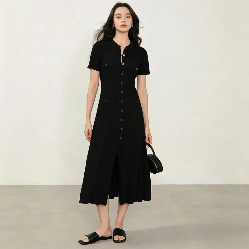French Elegant Knit Hollow Out Button Maxi Dress