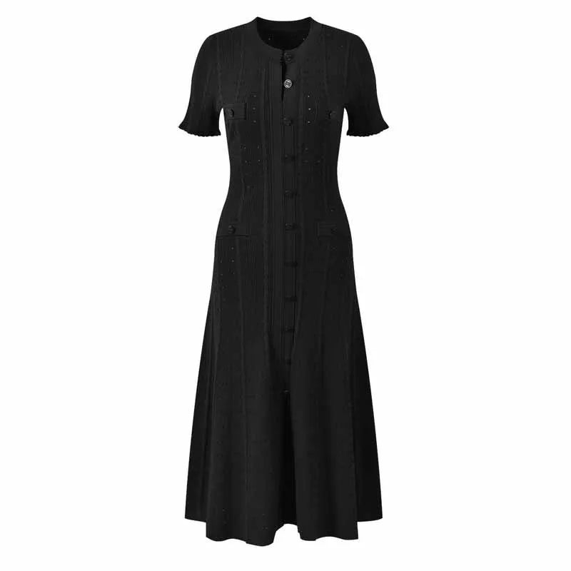 French Elegant Knit Hollow Out Button Maxi Dress