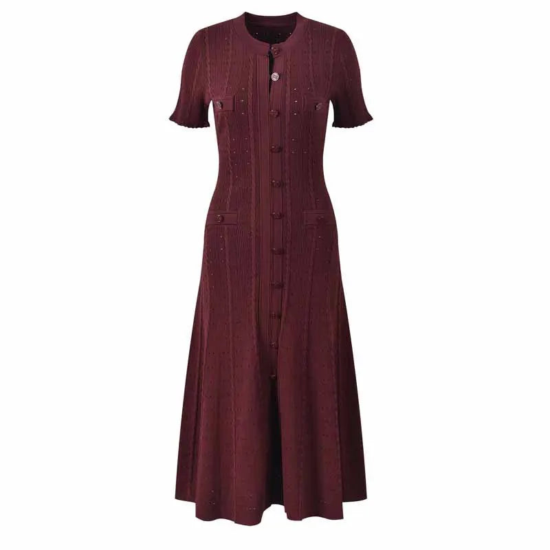 French Elegant Knit Hollow Out Button Maxi Dress