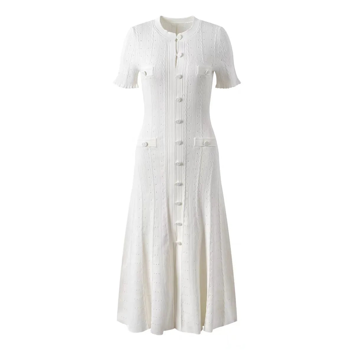 French Elegant Knit Hollow Out Button Maxi Dress