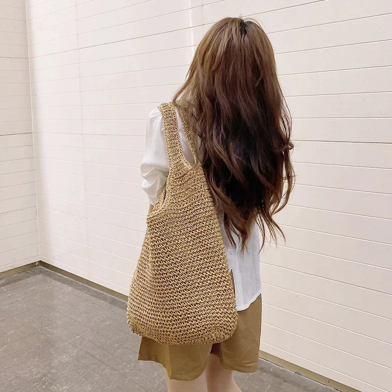 French Style Large Capacity Woven Straw Beach Bag for Women