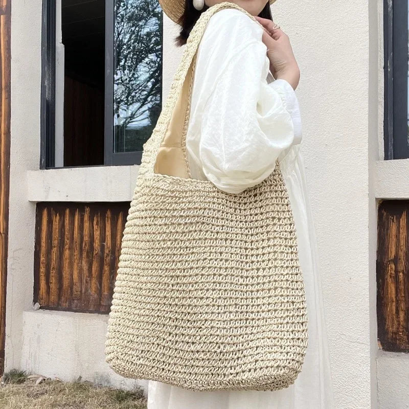 French Style Large Capacity Woven Straw Beach Bag for Women