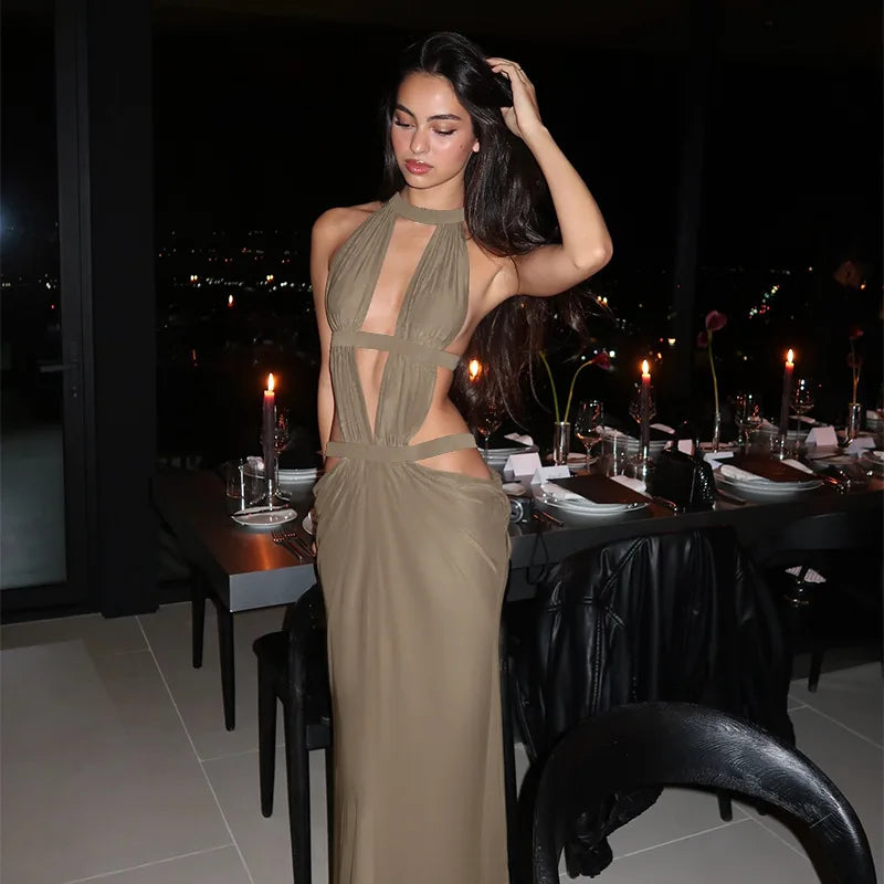 Khaki Halter Cutout Backless Maxi Dress Women's Draped Evening Party Gown