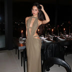 Khaki Halter Cutout Backless Maxi Dress Women's Draped Evening Party Gown