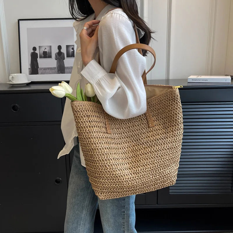 Handwoven Bohemian Straw Shoulder Tote Bag for Women