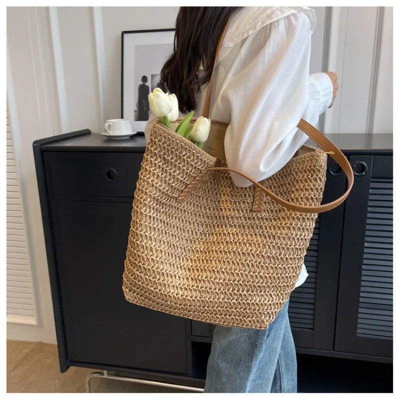 Handwoven Bohemian Straw Shoulder Tote Bag for Women