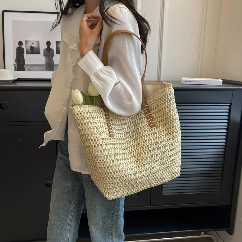 Handwoven Bohemian Straw Shoulder Tote Bag for Women