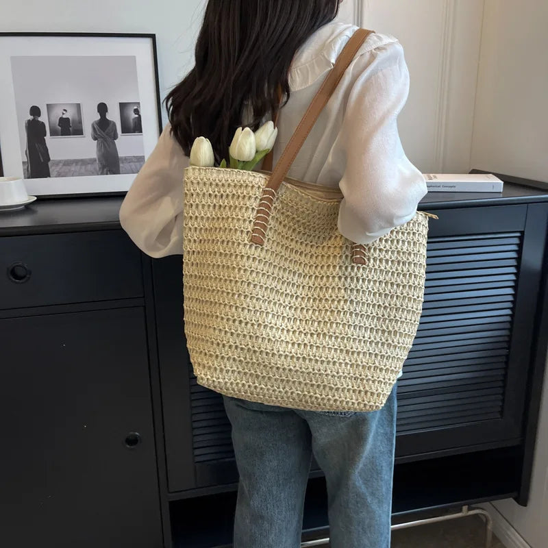 Handwoven Bohemian Straw Shoulder Tote Bag for Women