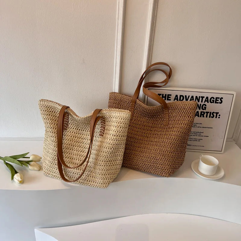 Handwoven Bohemian Straw Shoulder Tote Bag for Women