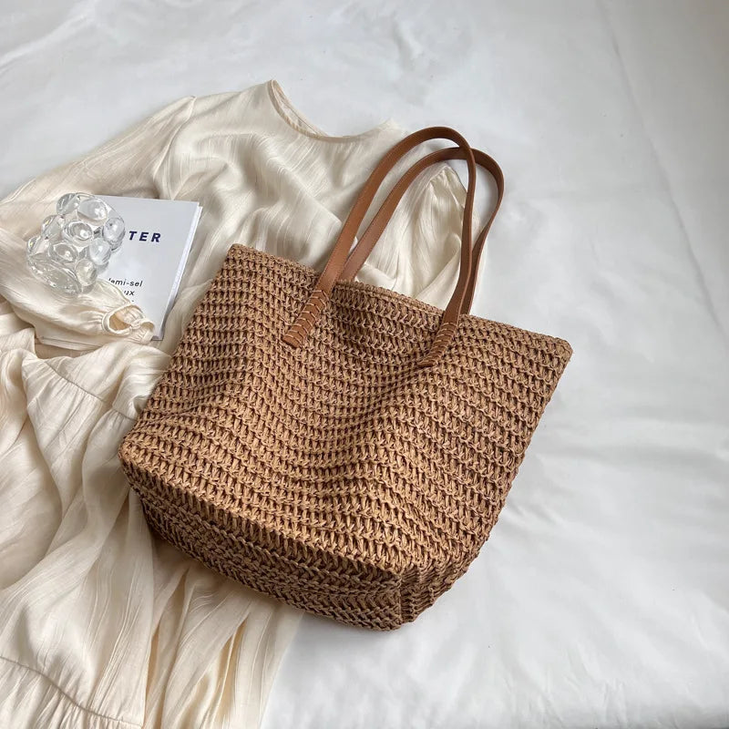 Handwoven Bohemian Straw Shoulder Tote Bag for Women