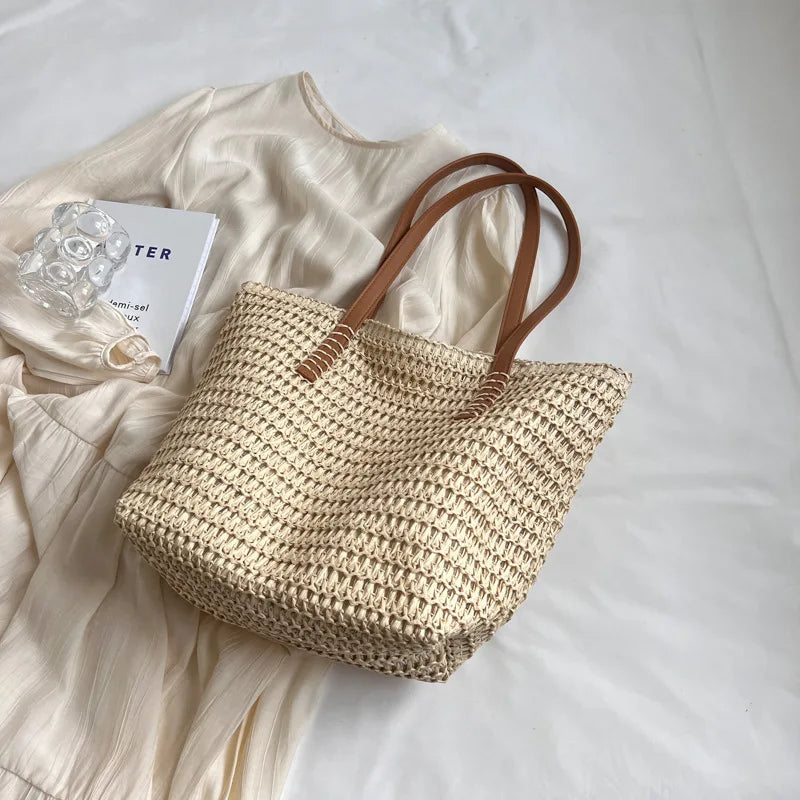 Handwoven Bohemian Straw Shoulder Tote Bag for Women