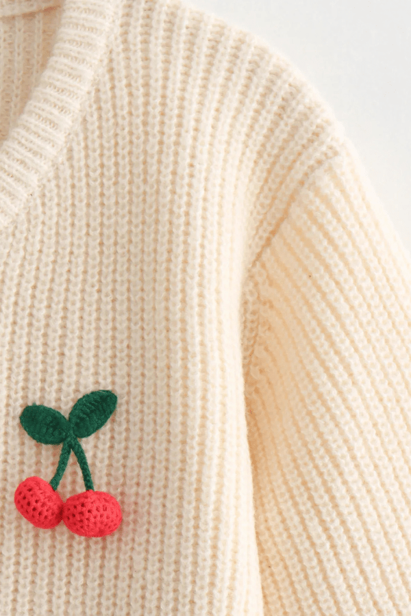 Women’s Cherry V-Neck Button Down Cardigan – Cute Embroidered Knit Sweater for Casual Layering, Everyday Wear & Cozy Outfits